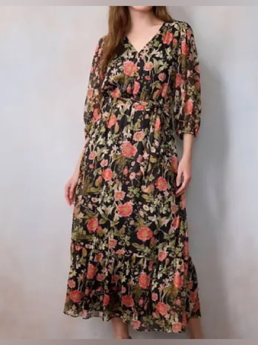 LC Lauren Conrad Black Floral Maxi Dress with Coral and Olive Boho Flowy Size M